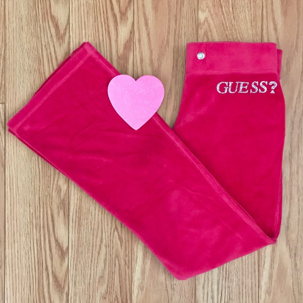 Guess Velvet Hot Pink Flare Sweatpants Jewel Logo
